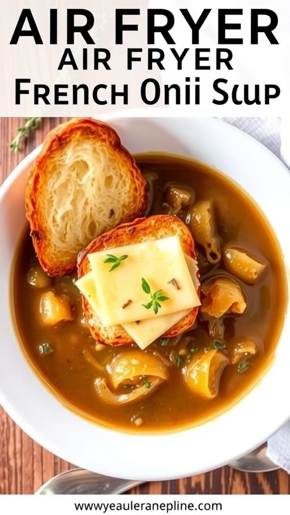 Air Fryer French Onion Soup Recipe A bowl of French onion soup with caramelized onions, crusty bread, and melted cheese, garnished with thyme.